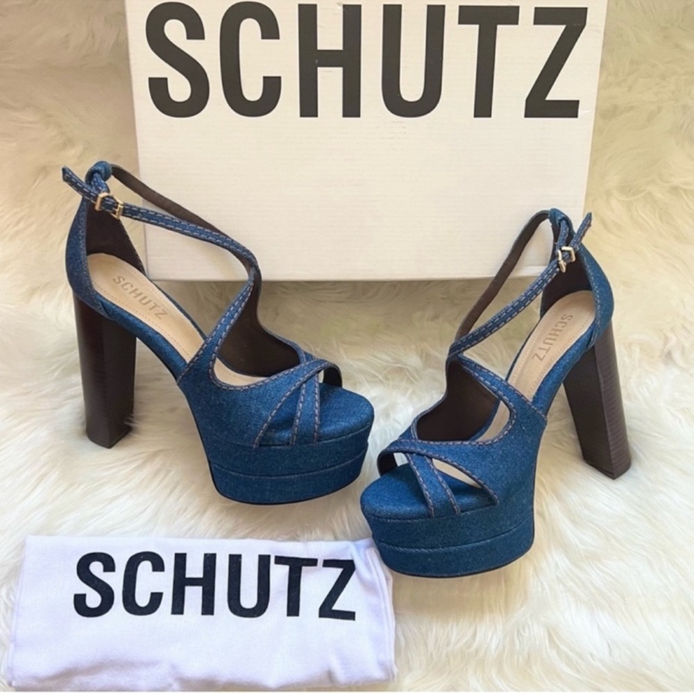 New! Schutz Latifah Denim Platform Block Heel Sandals in Blue - Picture 2 of 12